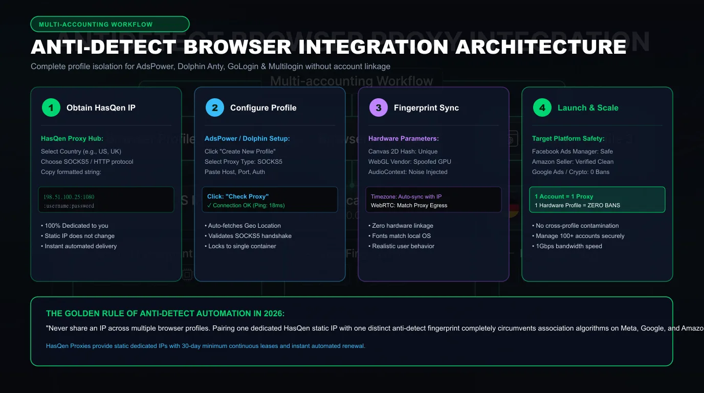 Antidetect Browser Multi-Accounting Proxy Integration Workflow Diagram with AdsPower and Dolphin Anty