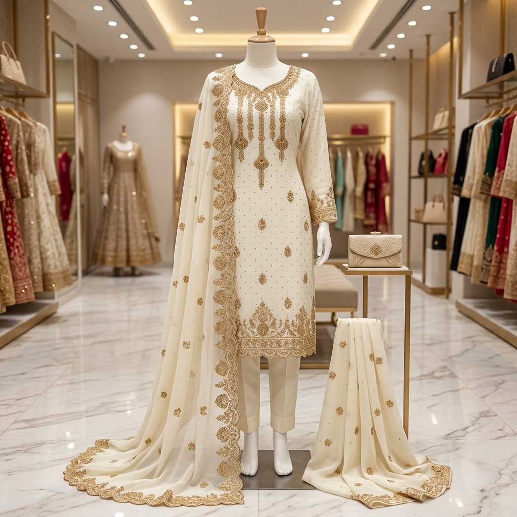 Cream & Gold Zari Embroidered 3-Piece Salwar Kameez Suit Alternate