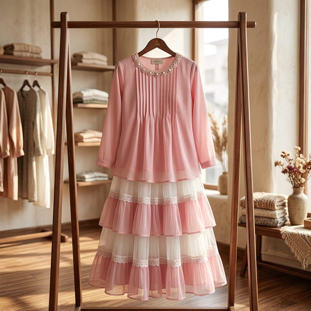 Pink Pleated Tunic & Tiered Ruffled Maxi Skirt Set Alternate
