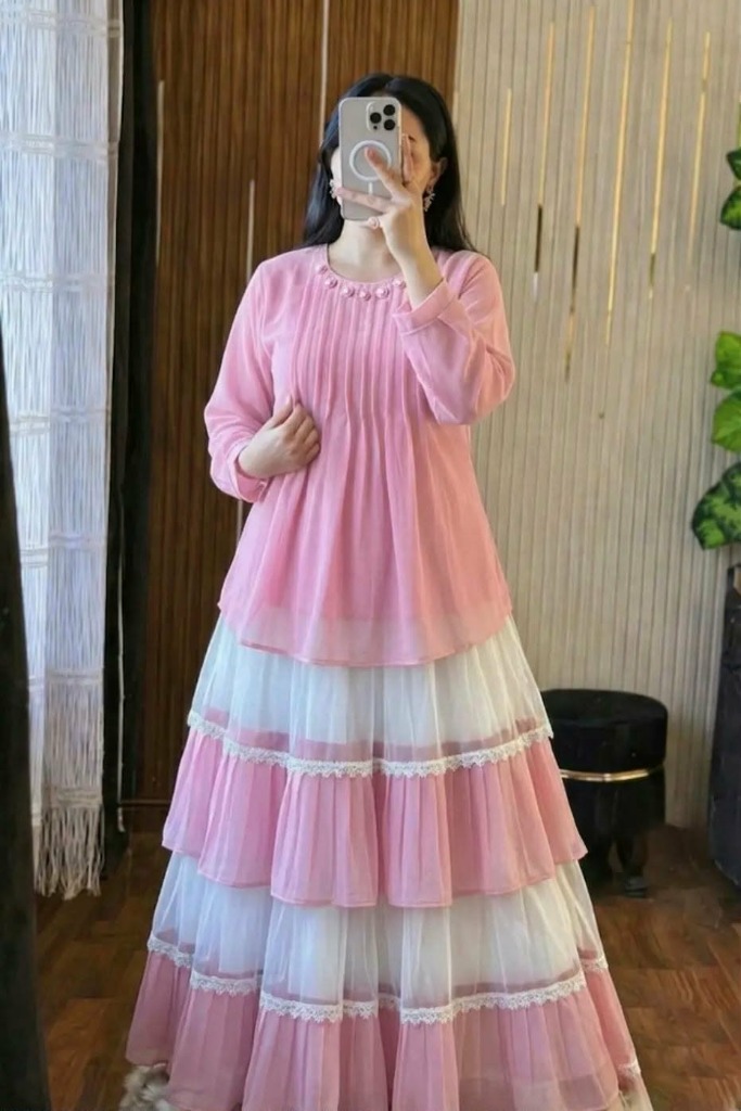 Pink Pleated Tunic & Tiered Ruffled Maxi Skirt Set